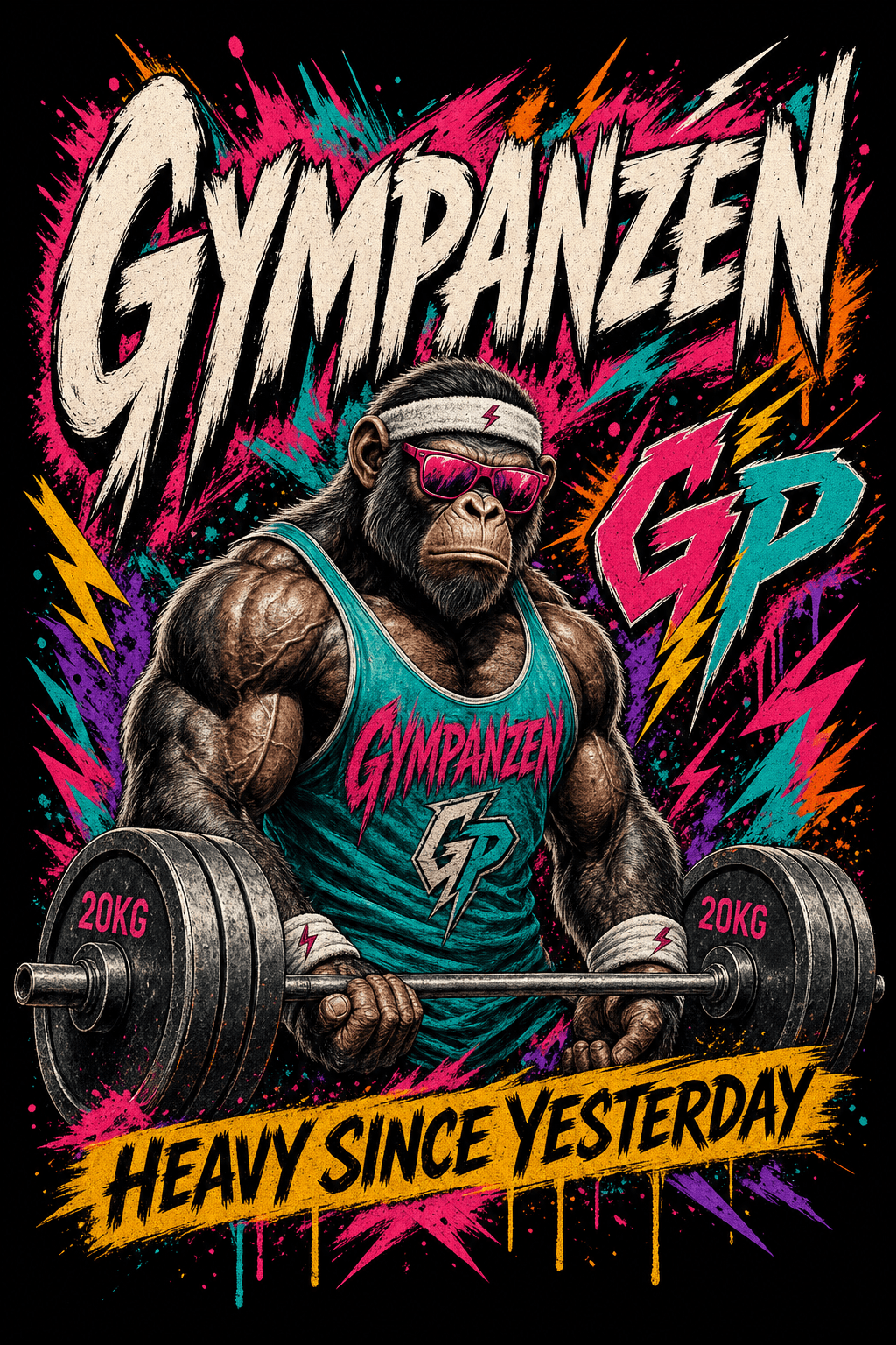 GYMPANZEN Mascot — muskulöser Schimpanse mit Stirnband und pink verspiegelter Brille beim Hanteltraining