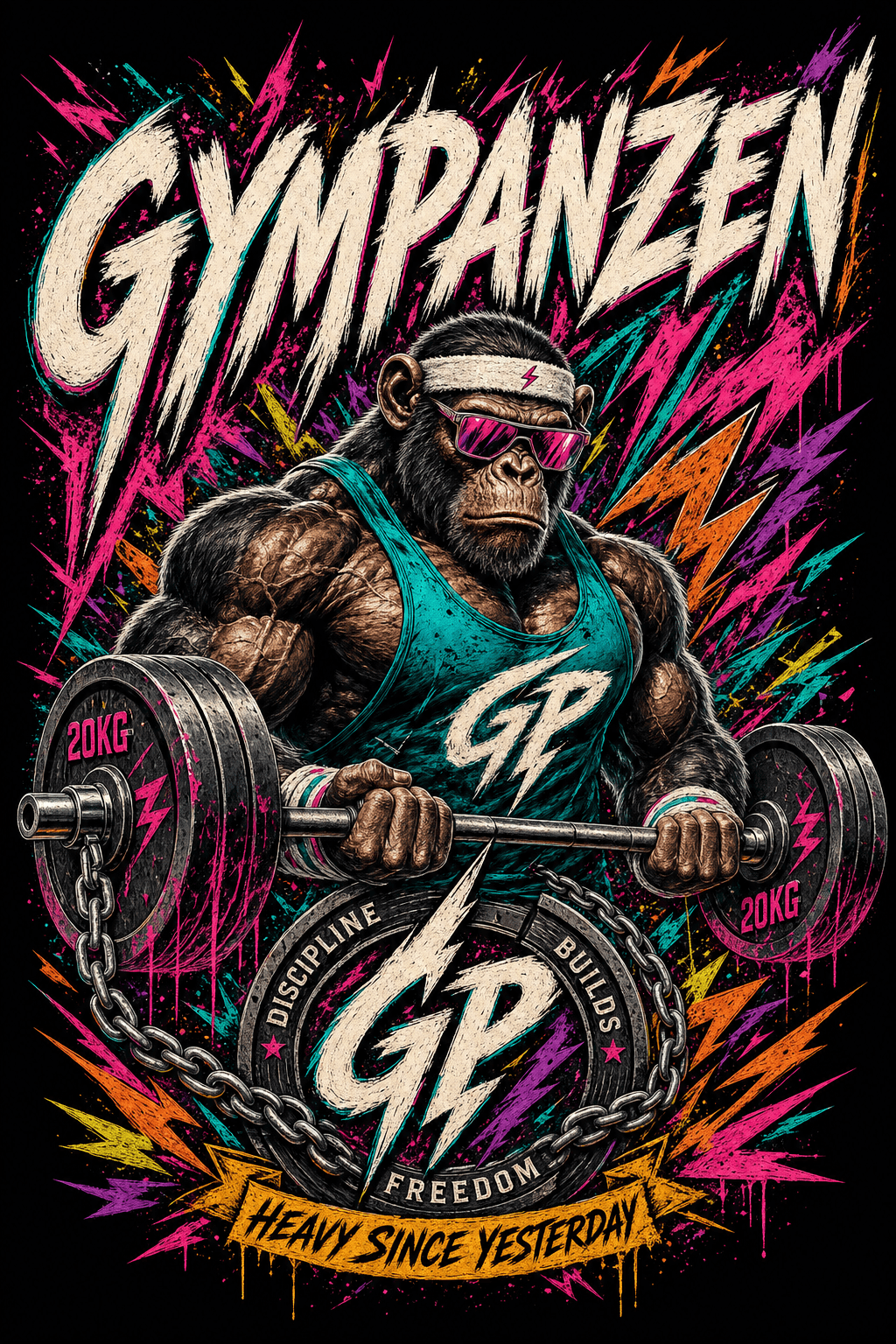 GYMPANZEN Motiv — Discipline Builds Freedom, GP-Monogramm mit Lightning-Bolts